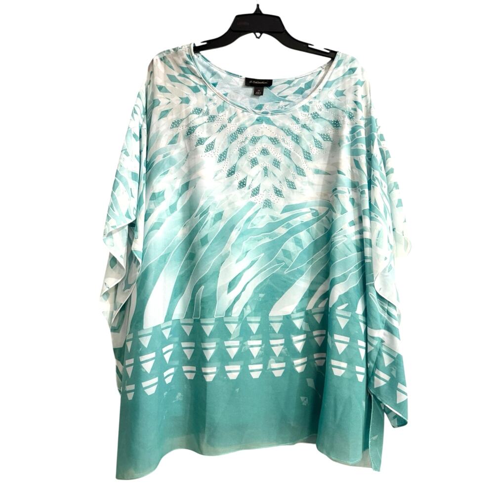 G Collection Plus Size 2X Aqua Green Flowy Embellished Boho Tunic Blouse Top